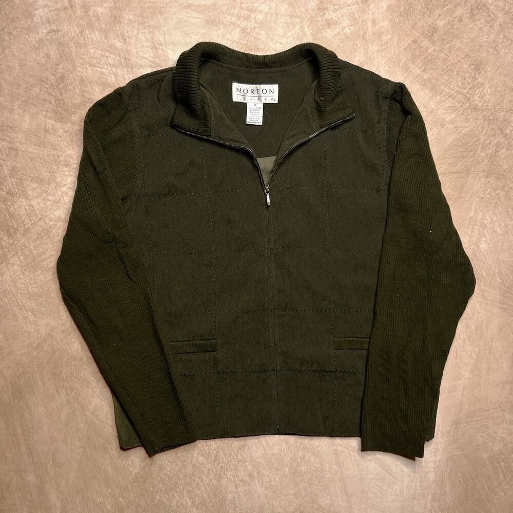 Vintage Norton Studio Checkered Embroidered Jacket Knit Sleeves Mock Neck Green